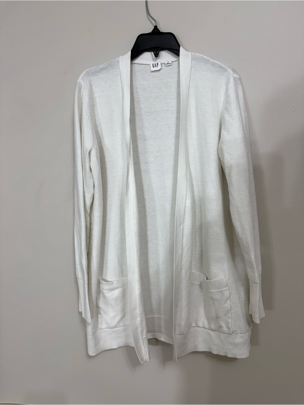 Gap Womens White Open Front Long Sleeve Knit Cardigan Sweater with Pockets Sz M